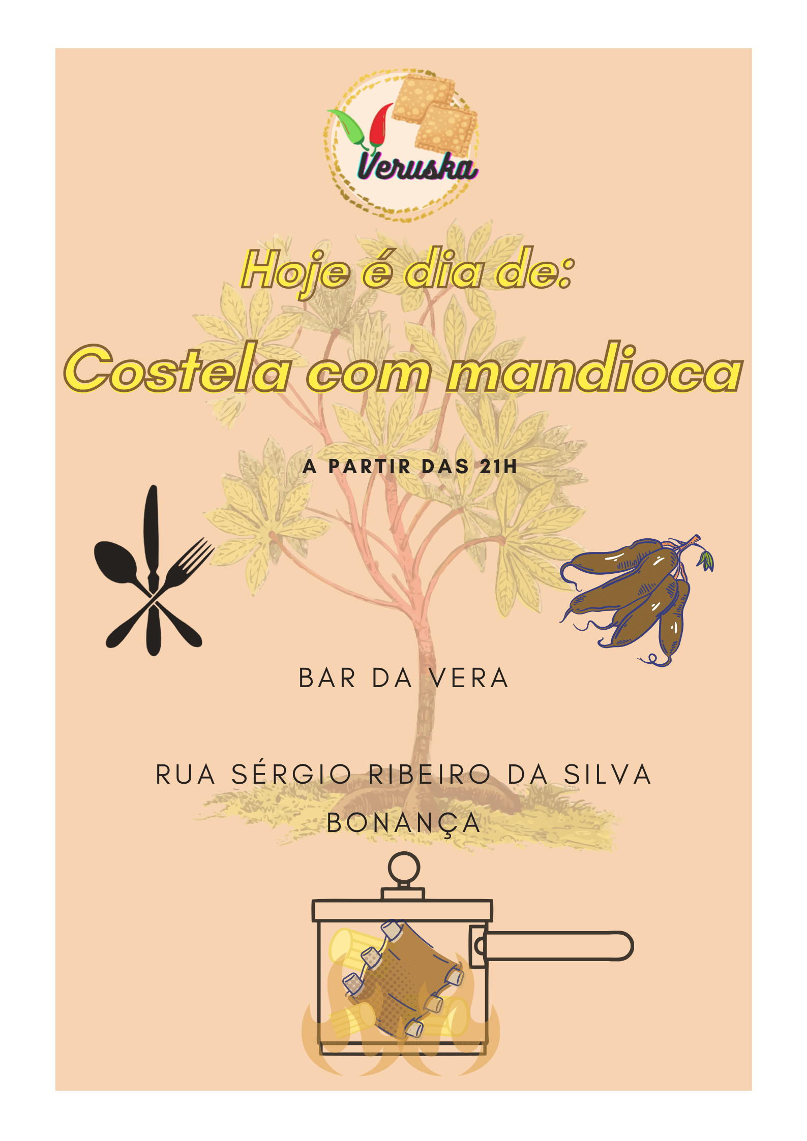 Banner anunciando costela com mandioca no bar da Veruska