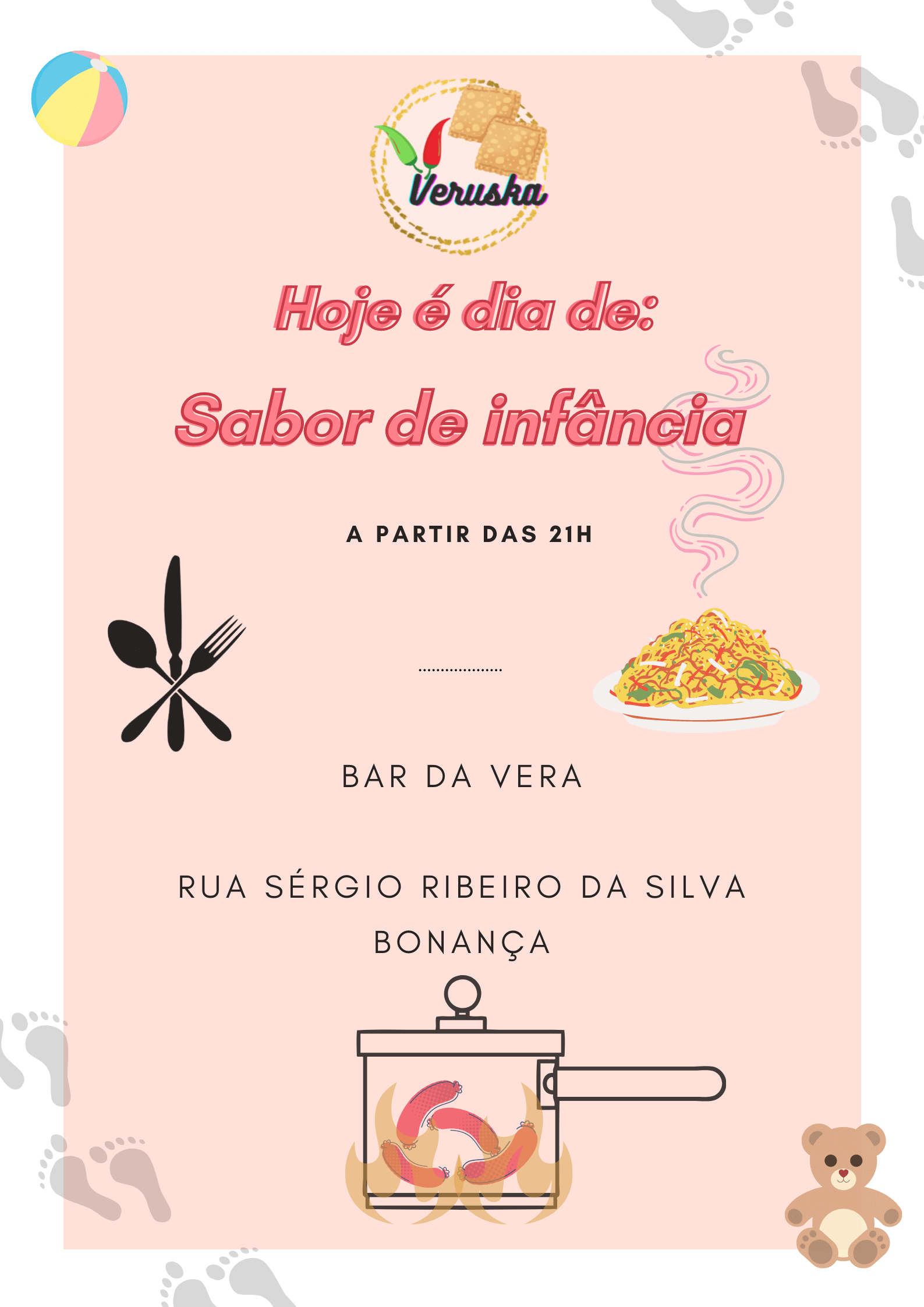 Banner anunciando sabor de infancia (macarrão com molho) no bar da Veruska