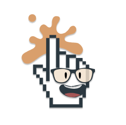 Tom Lins logo com um desenho de um cursor de mão com óculos e rosto sorridente, apontando para uma mancha de tinta com Tom Lins escrito ao lado