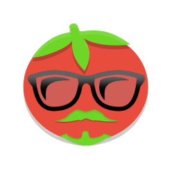 Tommattih logo em formato de tomate, com óculos e cavanhaque