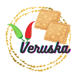 Veruska logo com duas pimentas, dois pastéis e uma borda circular dourada