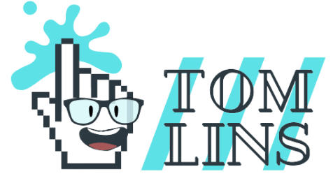 Logo com o desenho de uma mão com óculos e roto sorrindo colocando uma mancha de tinta com o texto Tom Lins ao lado